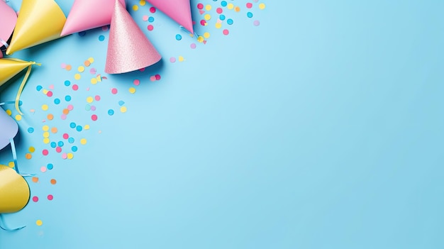 Birthday party background with confetti and streamer on blue background