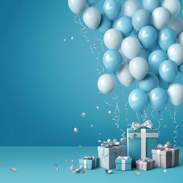 birthday party balloons with confetti and cake on light blue background post processed AI generated