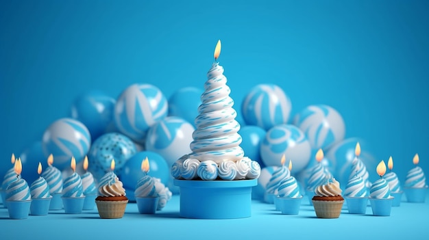 Birthday party caps blowers and candles on blue background