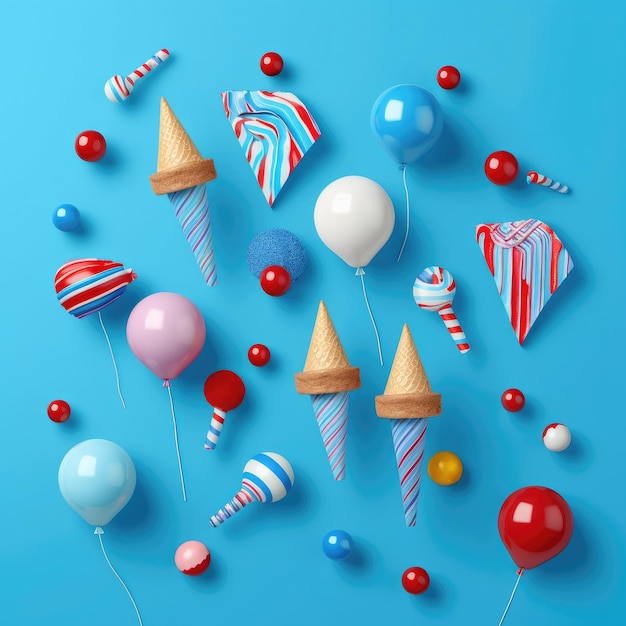 Birthday party caps paper straws candy and balloons on colourful background Generative AI