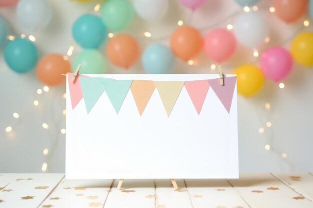 Photo birthday party card with balloonscakecandlesflag and gift boxkid birthday partyinvitation and greeting card concept