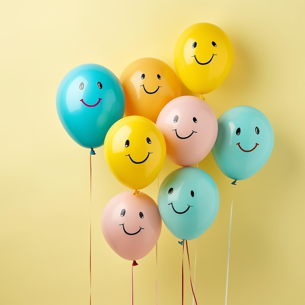 Birthday party decor and colorful balloons with drawn happy emoticons on beige background with space