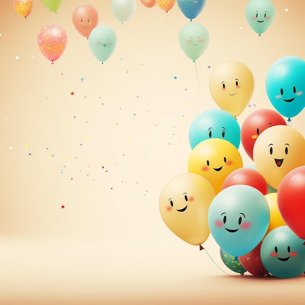 Birthday party decor and colorful balloons with drawn happy emoticons on beige background with space