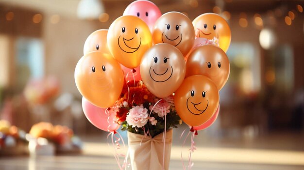 Birthday party decor and colorful balloons with drawn Various Faces Emoticons Lots of Laughing Smiling on beige background