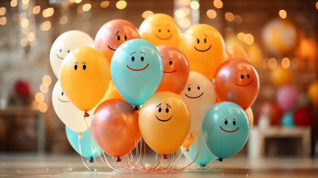Foto decorazione della festa di compleanno e palloncini colorati con disegni di varie facce emoticon un sacco di risate sorriso su sfondo beige