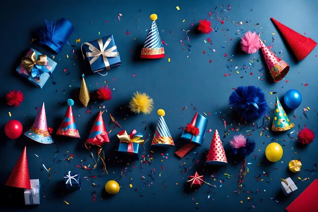 Birthday party gifts hats decoration on left side on midnight blue background