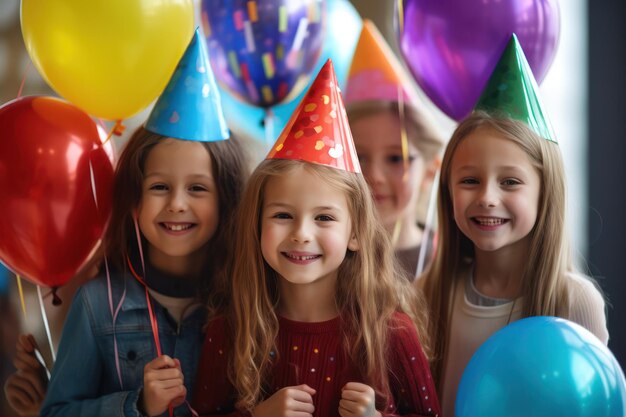 Birthday party girls in cone hats with inflatable balloons celebration