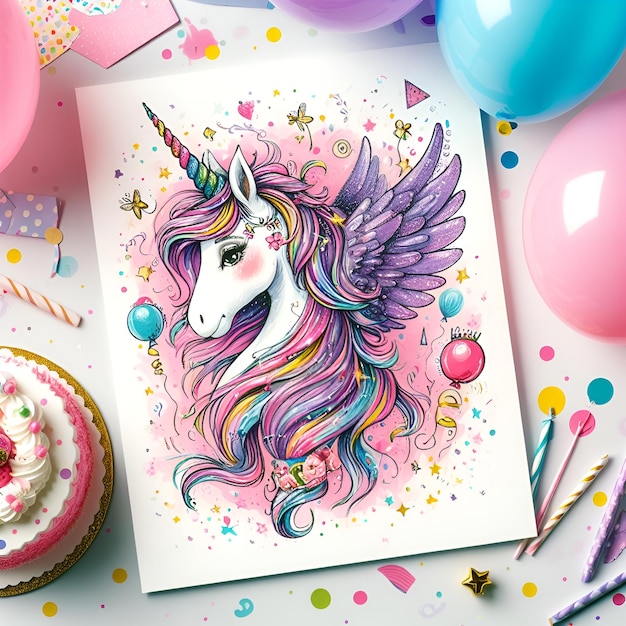 Photo birthday party invitation card template with a magical unicorn and rainbow background