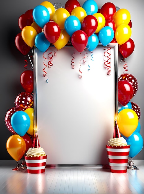 写真 バースデーパーティーのポスターデザイン バナー コピースペース パーティーの背景 バルーン シャンパンケーキ