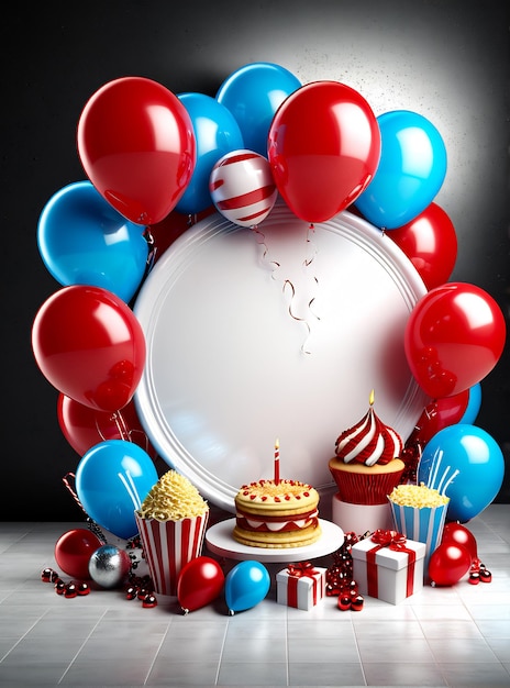 Foto poster di festa di compleanno design banner copyspace sfondo di festa palloncini torta di champagne