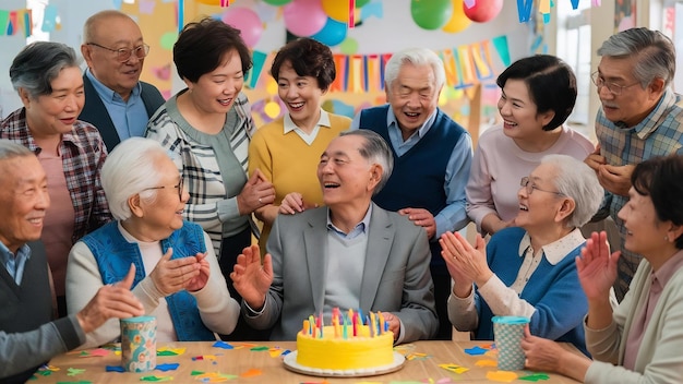 Photo birthday party at senior daycaregroup of asian female elder male female laugh smile positive conver