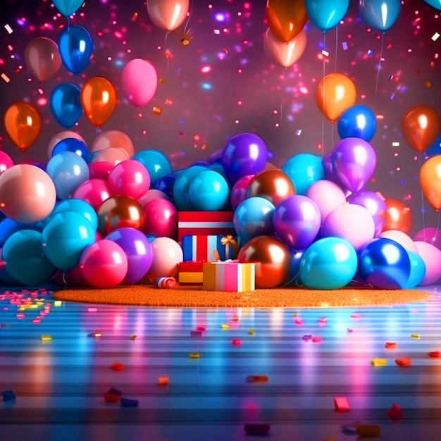 Birthday party stage with colorful balloons arrangement