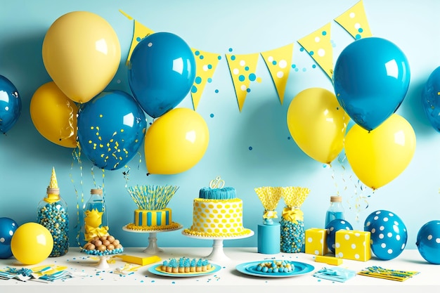 Photo birthday party table and decorations with balloons confetti and banners in blue yellow tones