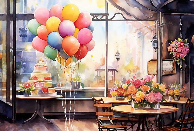 Birthday party table with holiday cake and balloons Happy Birthday concept