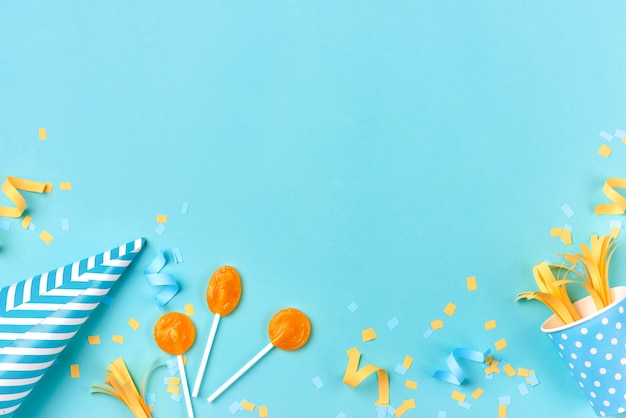 birthday party things. celebration concept. flat lay.