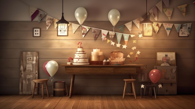 A birthday party with balloons and a cake