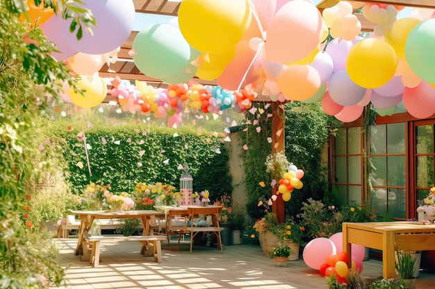 A birthday party with balloons and a table with a drink on it