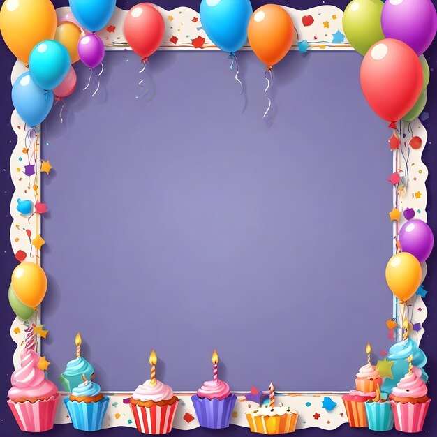 a birthday party with a birthday cake and balloons on the purple background