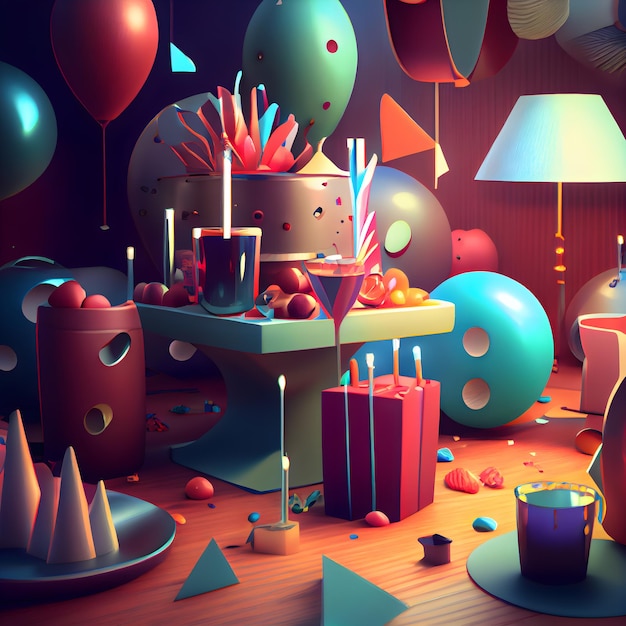 Birthday party with cake candles and candies 3d rendering