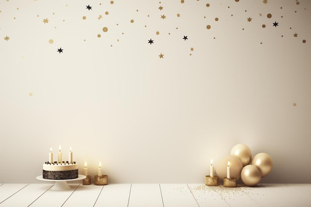 a birthday party with candles and gold stars on a white background.