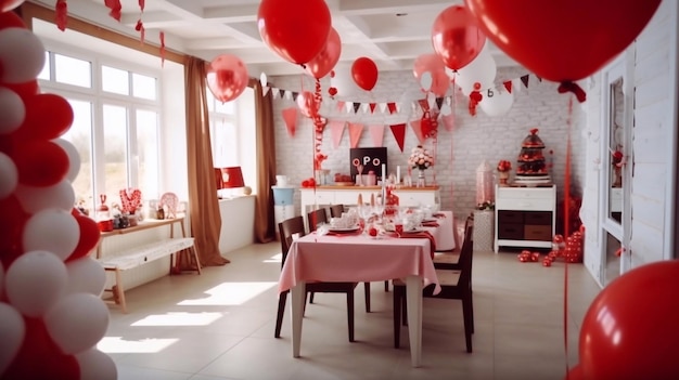 Birthday party with red and white balloons theme concept