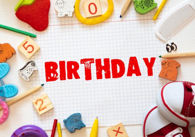 birthday party written in a mix of colorful plastic letters isolated on white