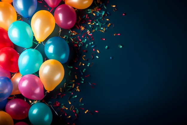 Photo birthday partythemed background with ample space for copycolorful balloonsstreamers and confetti