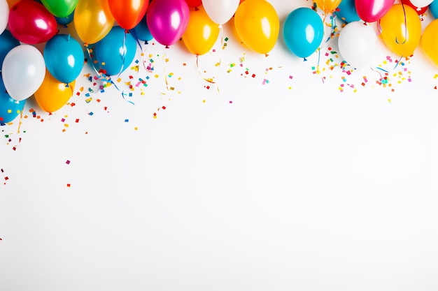 Birthday partythemed background with white wall space for copy colorful balloons streamers