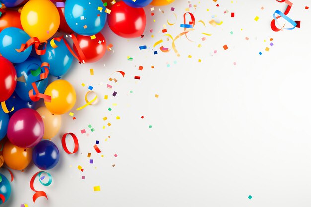 Birthday partythemed background with white wall space for copy colorful balloons streamers