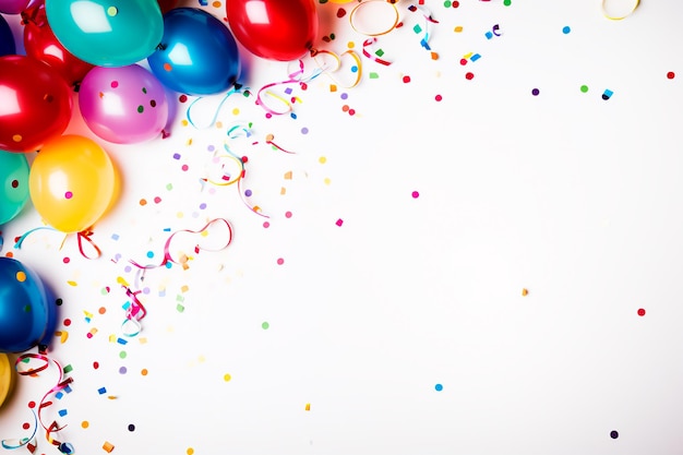 Birthday partythemed background with white wall space for copy colorful balloons streamers