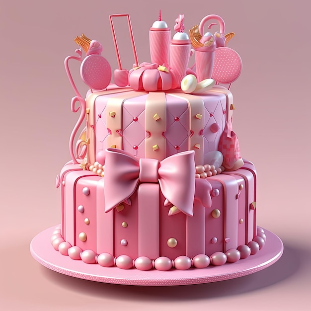 Birthday pink cake decorated on a pink background Big birthday cake with pink cream and toppings