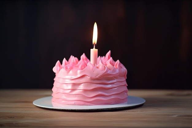 Birthday pink cake with one burning candle on wooden table