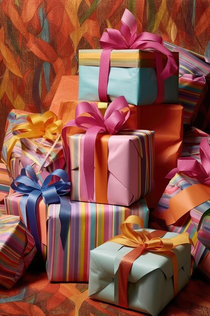 Birthday presents wrapped in vibrant paper and ribbons created with generative ai