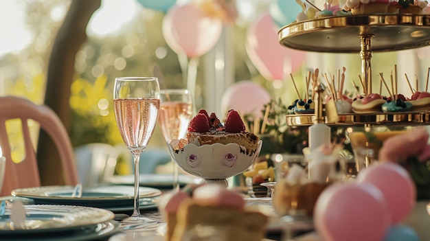 Photo birthday table decoration with sweets flowers candles and pink balloons