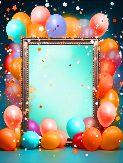 Фото Рамка темы дня рождения с красочными воздушными шарами и конфетти