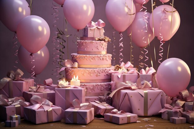 Birthday themed background with an array of objects on brown backdrop