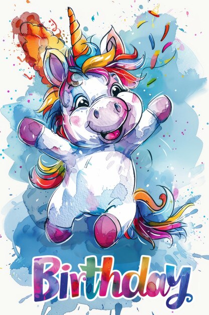 Photo birthday unicorn cute cartoon unicorn with party hat and colorful splatter of paint