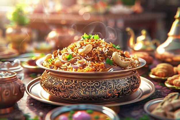 写真 ビリアニ・バンケット (biryani banquet) は,香りのあるビリアニ・ライス料理で満たされた壮大なバンケットテーブルです.