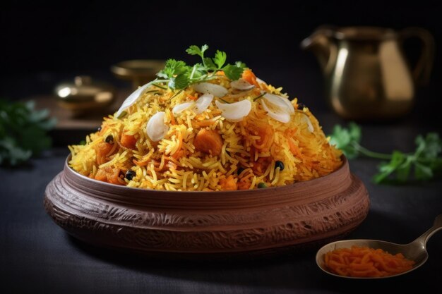 Biryani food photography on black table background. Indian food concept. Text copy space. Selective soft focus. Shallow depth of field.