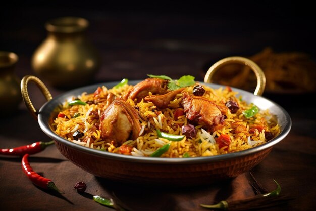 Biryani geserveerd met een kant van pittige kip