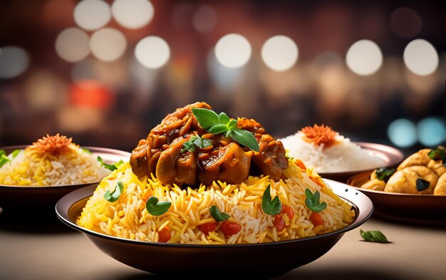 Foto il riso biryani con molta carne sembra delizioso sulla tavola con altri menu di cibo arabo