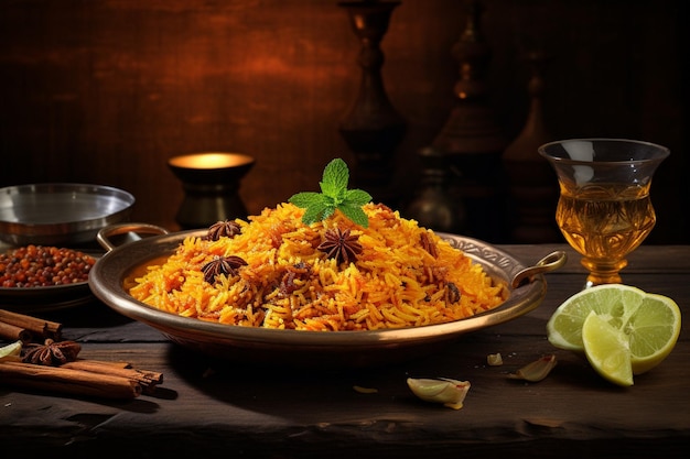 Foto biryani served on a rustic wooden table