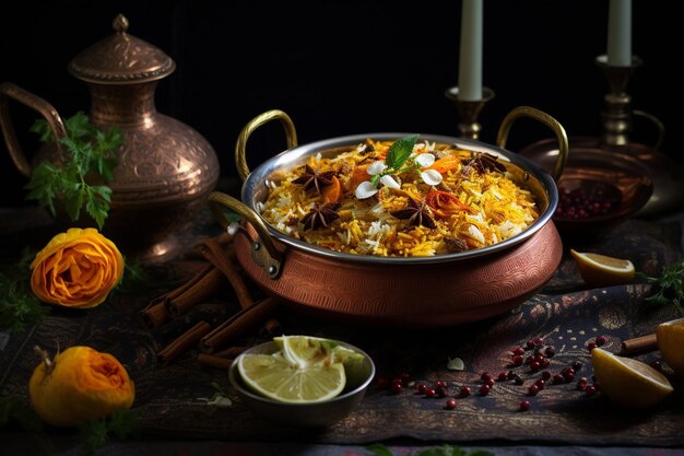 Photo biryani served with a side of spicy chicken