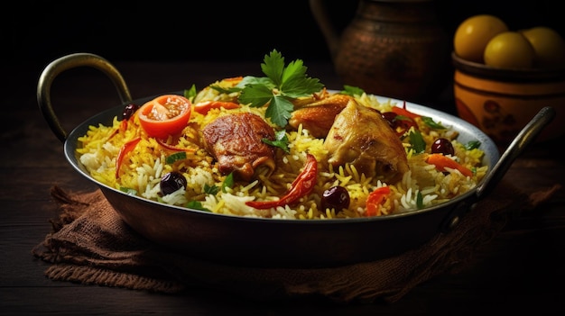 Biryani with chicken basmati rice and vegetables in pan on table