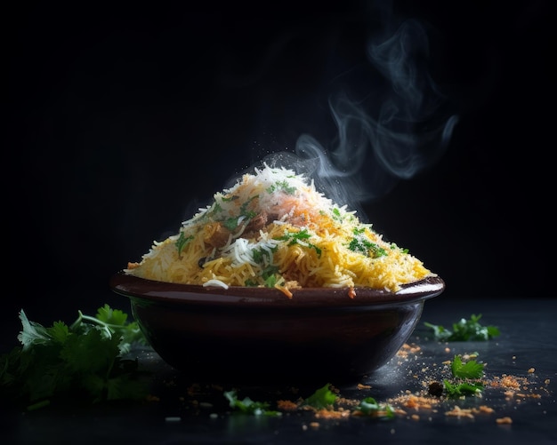 Photo biryani with a sprinkle of herbs on top and steam rising from the dish