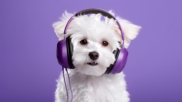 Bischon frise wearing headphones on purple background