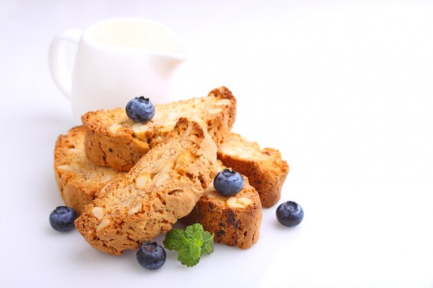 Biscotti with nuts on a white background. selective focus