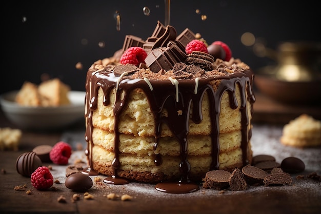 Biscuit cake with chocolate drips