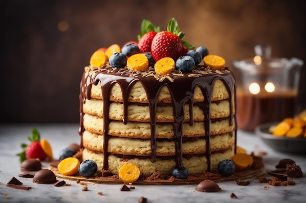 Biscuit cake with chocolate drips