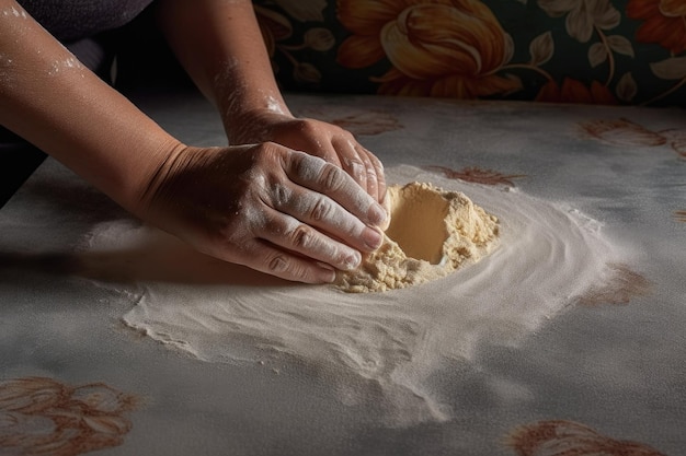 Biscuit dough being kneaded by hand on a floured surface created with generative ai